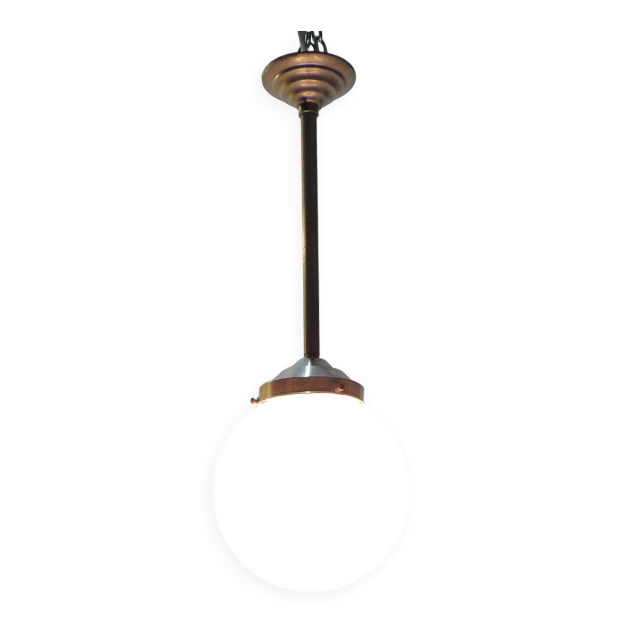 Vintage suspension in aluminum metal and opaline glass globe – Industrial design