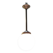 Vintage suspension in aluminum metal and opaline glass globe – Industrial design