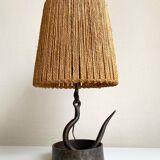 Wrought iron lamp with natural rope lampshade, vintage