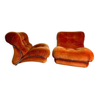 2 orange velvet IPE Spa armchairs, Italy 1970s