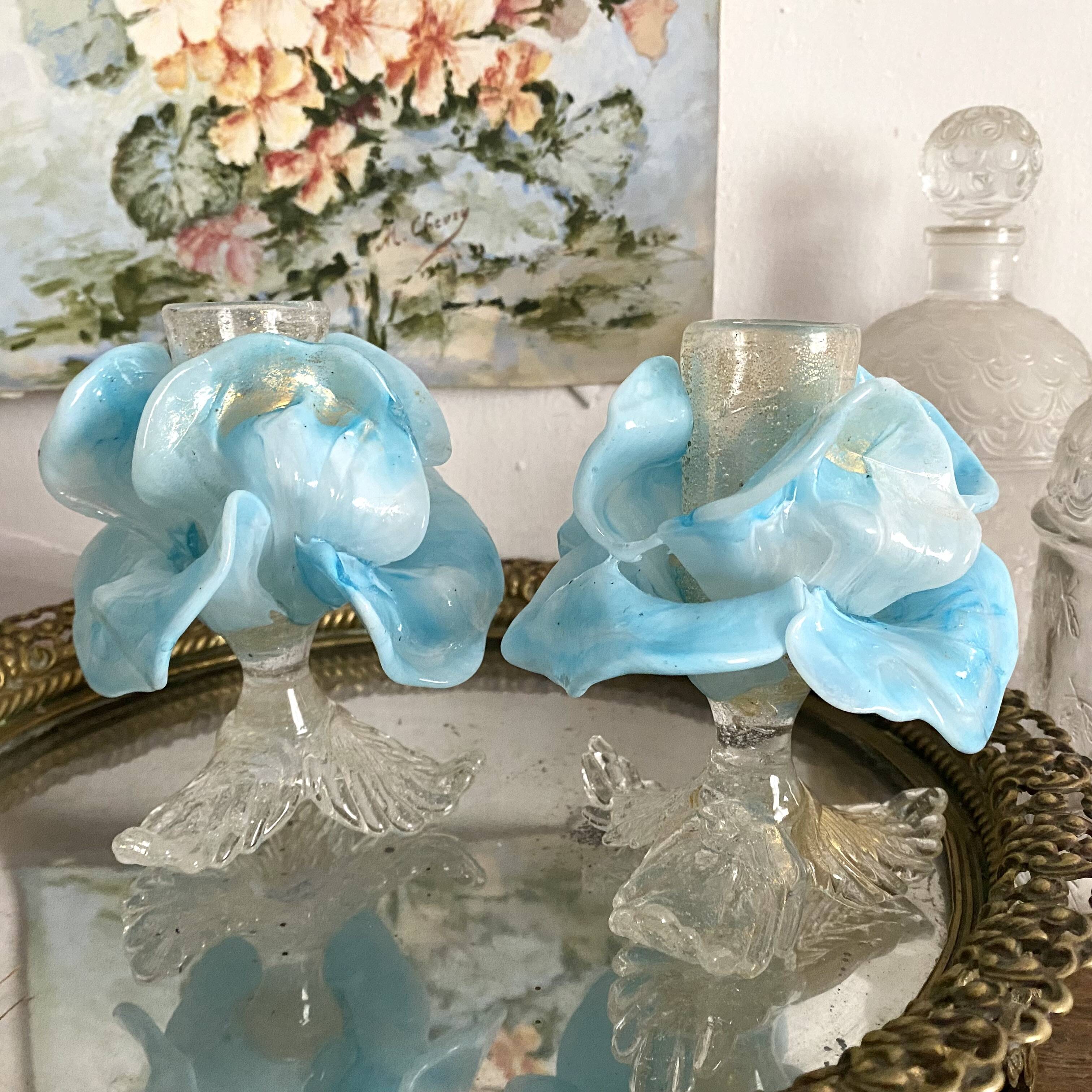 Pair of Murano glass candlesticks, iris flowers, 1960s