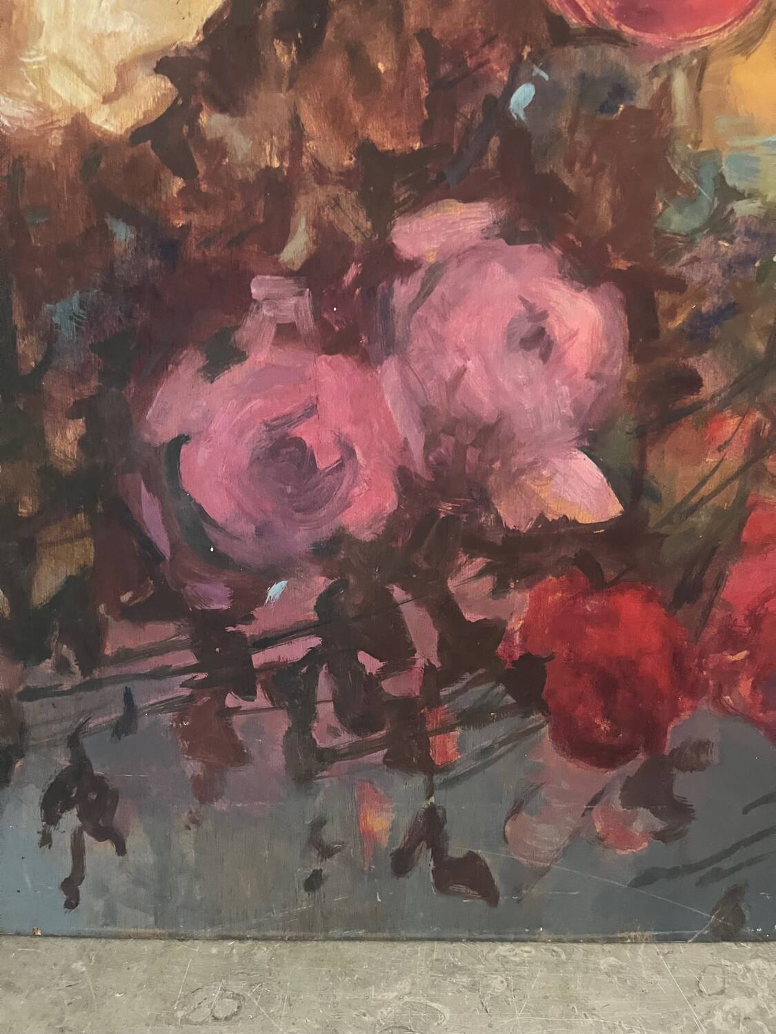 Large bouquet of roses, oil on wood panel, signed