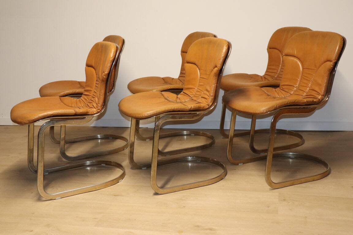 Series of 6 vintage Cidue Italy chairs in leather and metal, 1970s