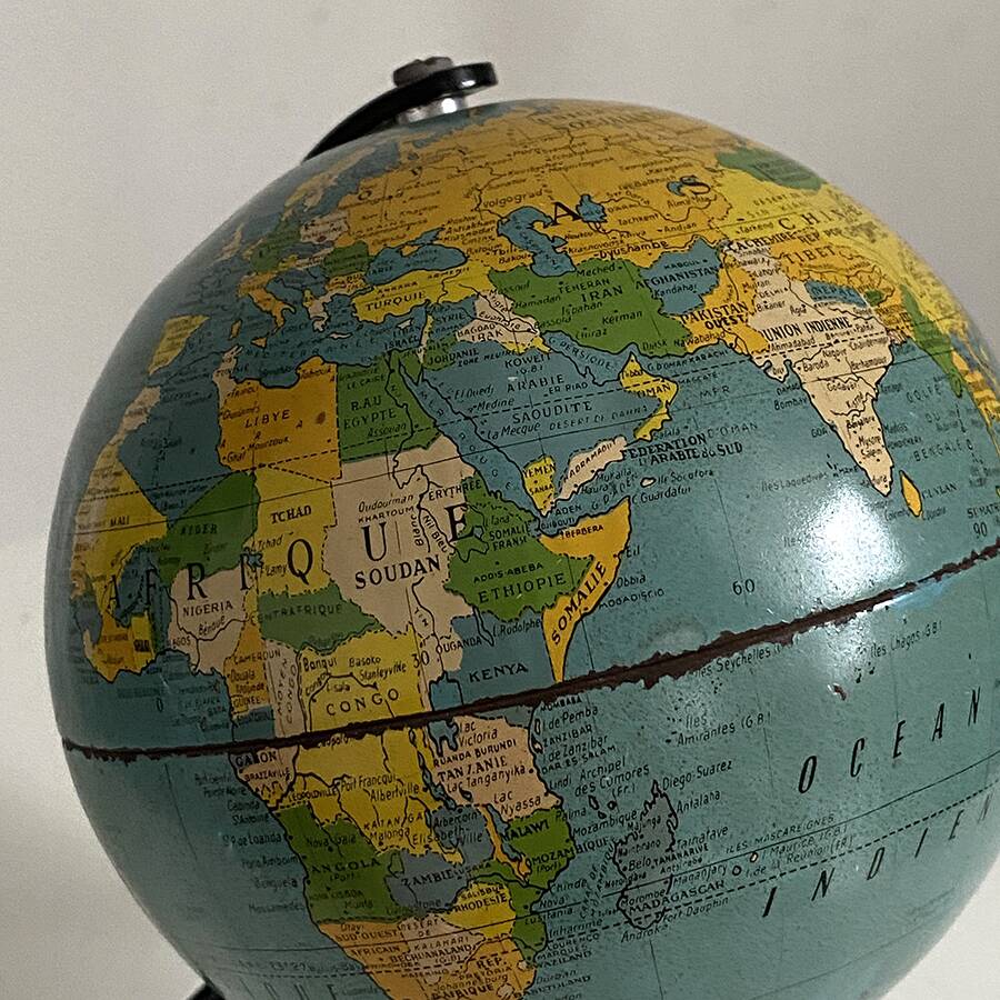 Tripod metal terrestrial globe 1950s