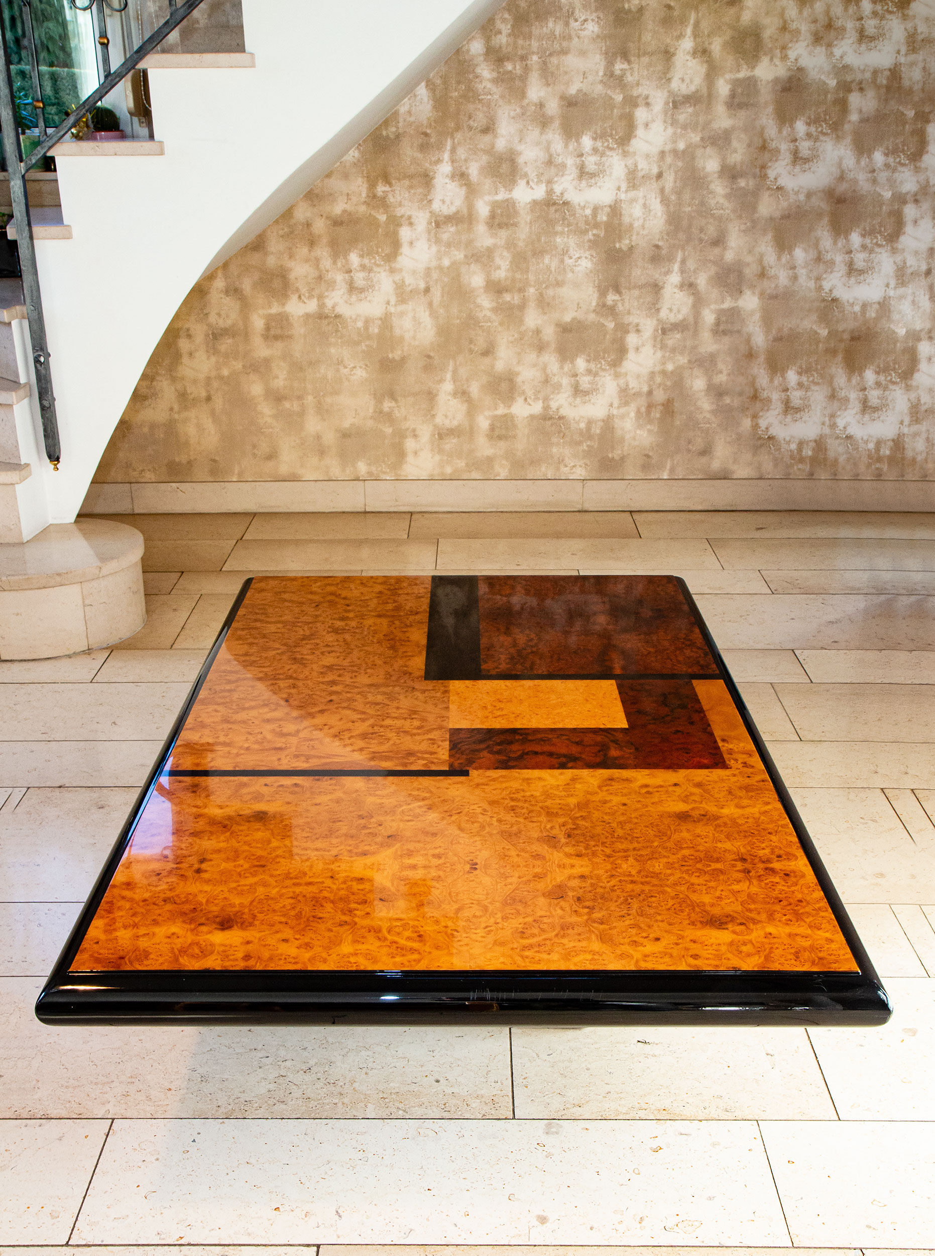 Coffee table, elm magnifying glass marquetry, bramble and black lacquer, 1980