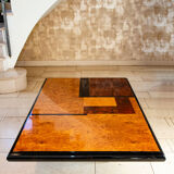 Coffee table, elm magnifying glass marquetry, bramble and black lacquer, 1980