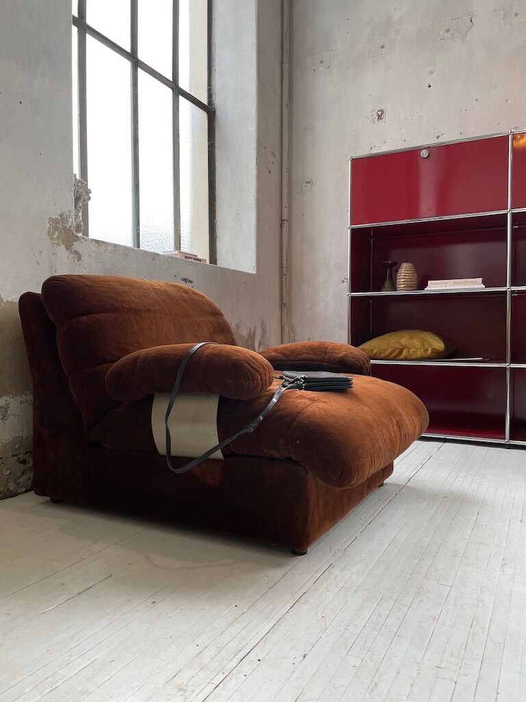 Pair 70s brown velvet armchairs