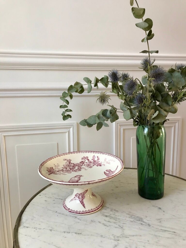 Compotier high in Terre de Fer Longwy model "Mésange" pink 1880 - XIXth
