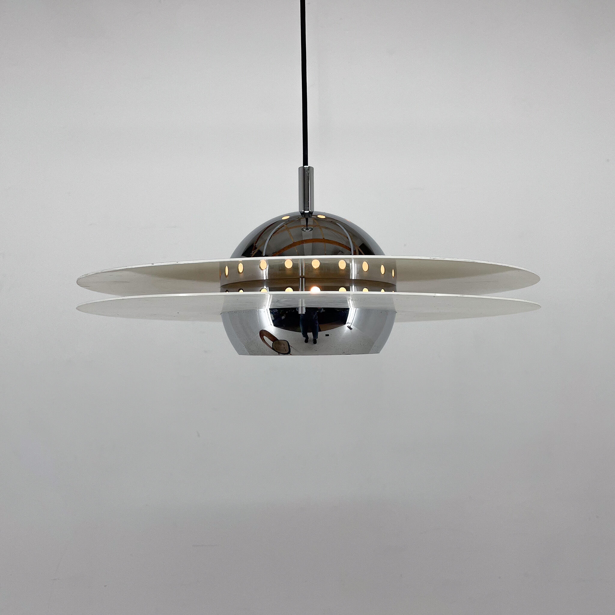 1970's ufo chrome & lacquered metal space age pendant, Italy