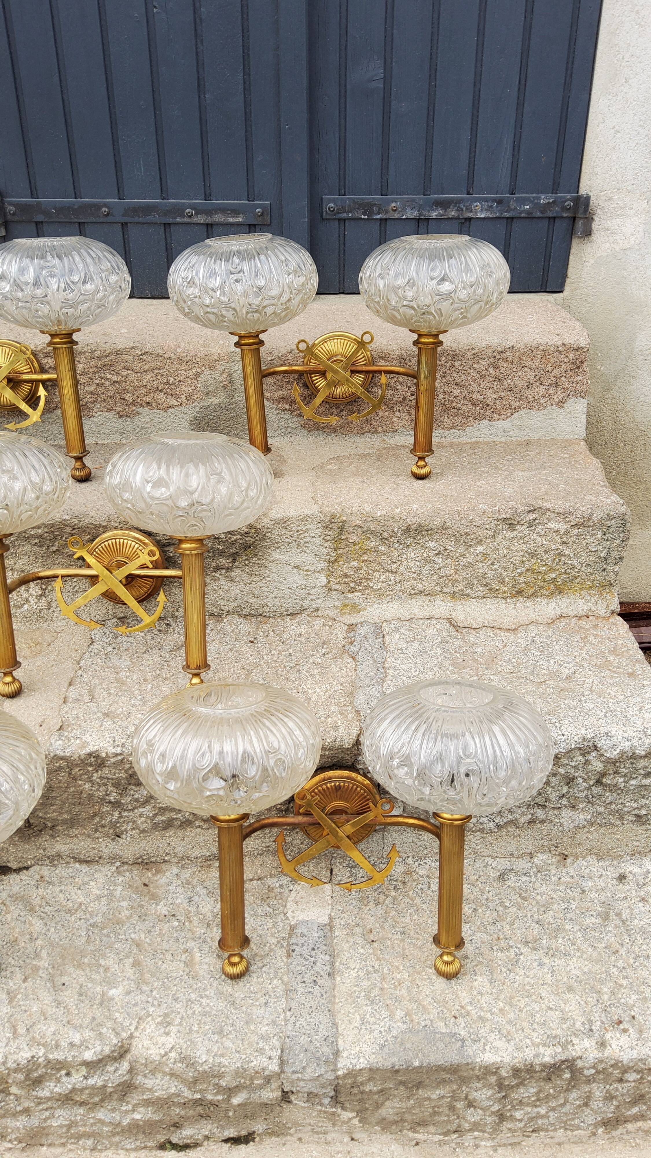 Set of 5 glass and brass sconces from the 70s