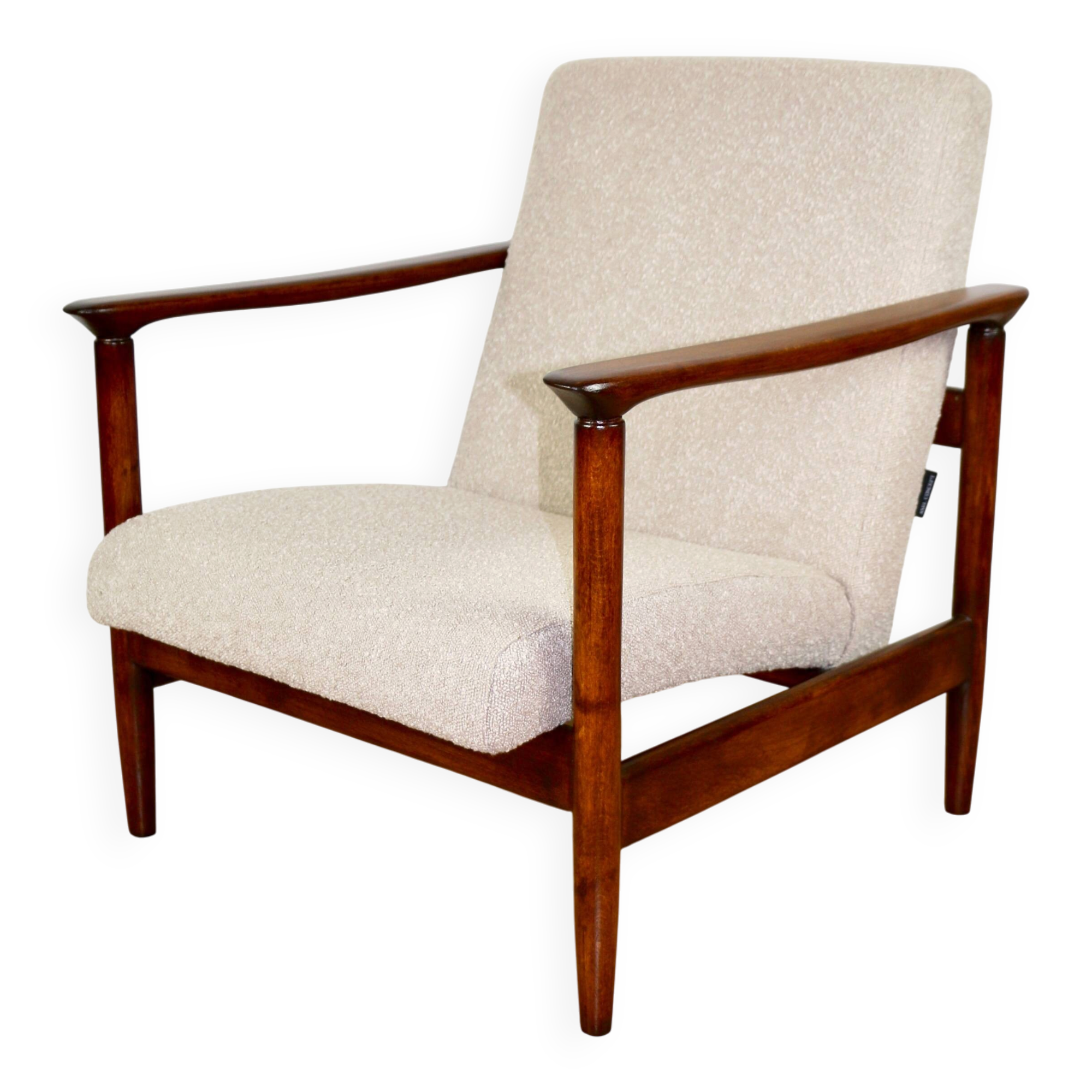 GFM-142 armchair, design by Edmund Homa from the 70s, beige boucle, dark wood - 2 pieces available