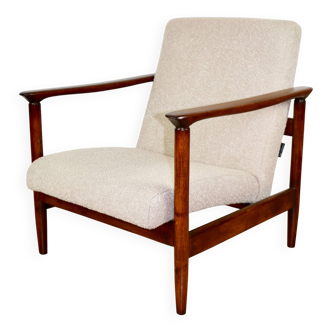 GFM-142 armchair, design by Edmund Homa from the 70s, beige boucle, dark wood - 2 pieces available