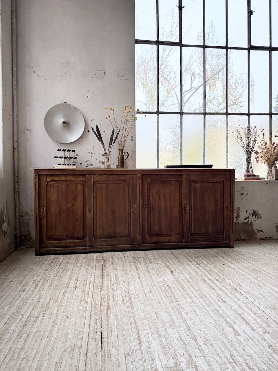 XL oak workshop sideboard with sliding doors from 1900