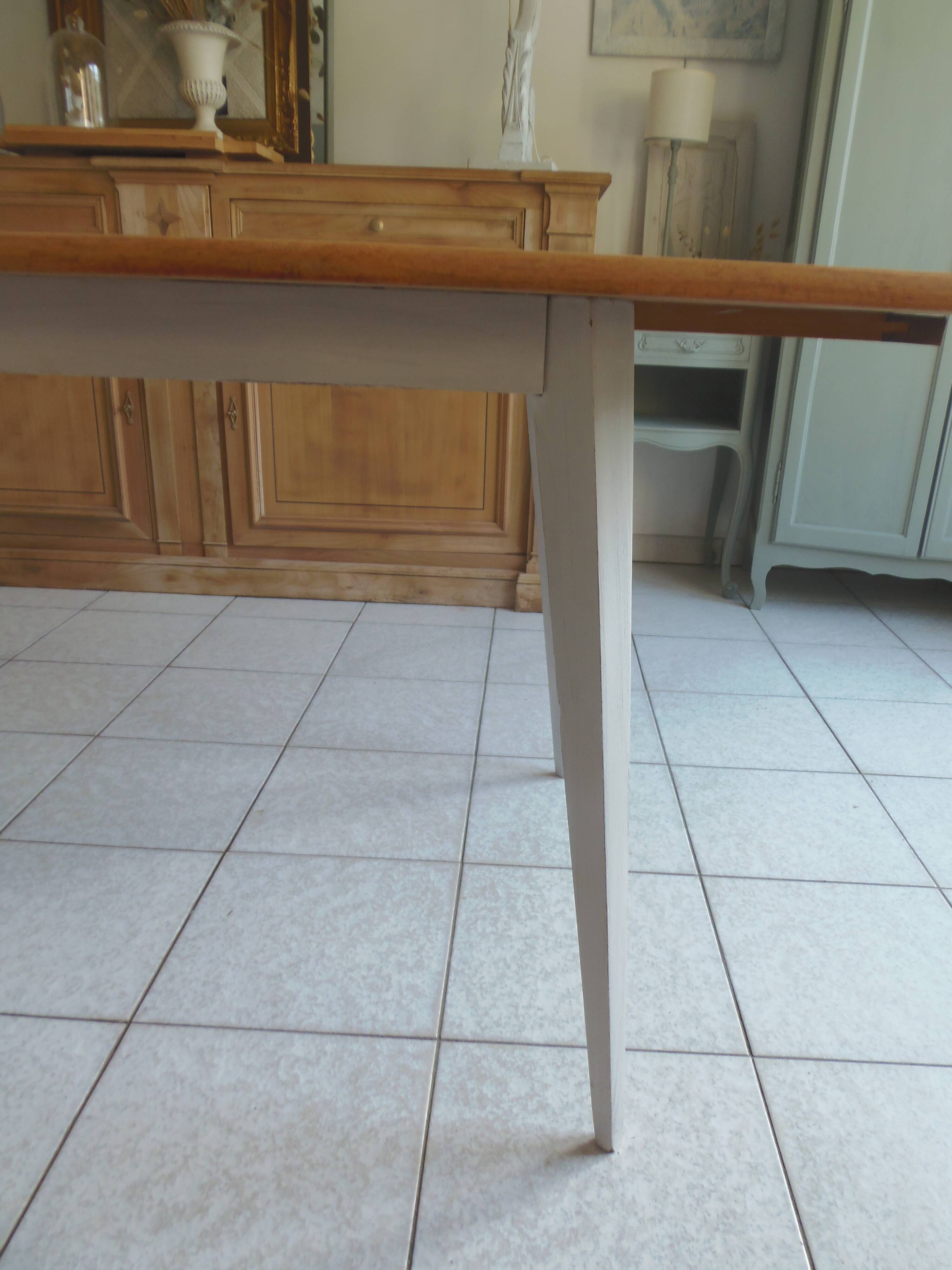Vintage belt table and pearl gray compass base, wooden top