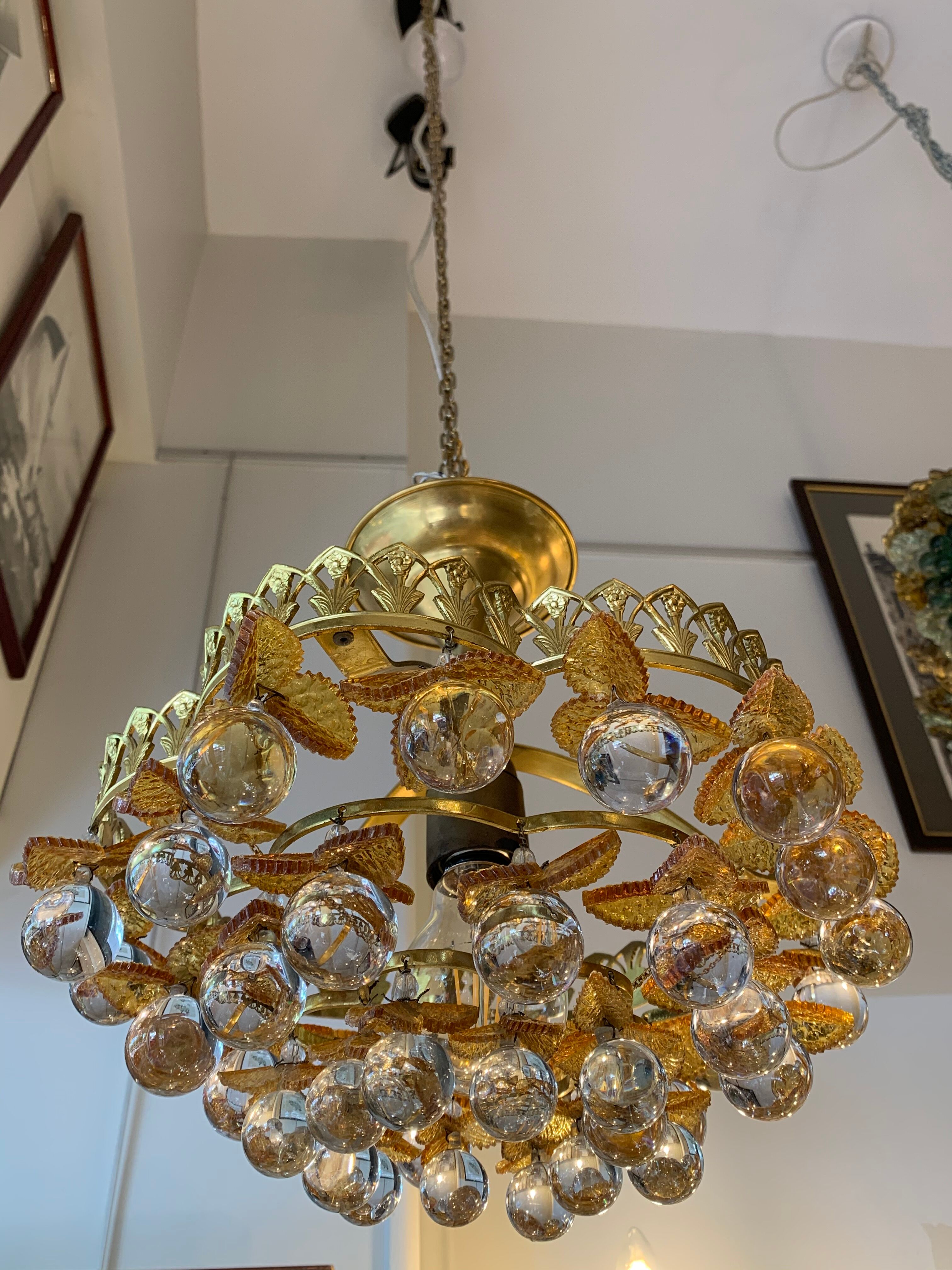 Murano ceiling light yellow flowers and glass balls 1970