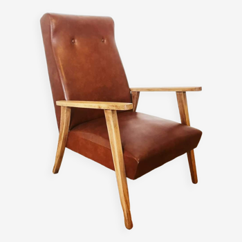 Fauteuil 70 en skaï marron et structure bois