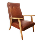 70 armchair in brown skai and wooden structure