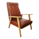 Fauteuil 70 en skaï marron et structure bois