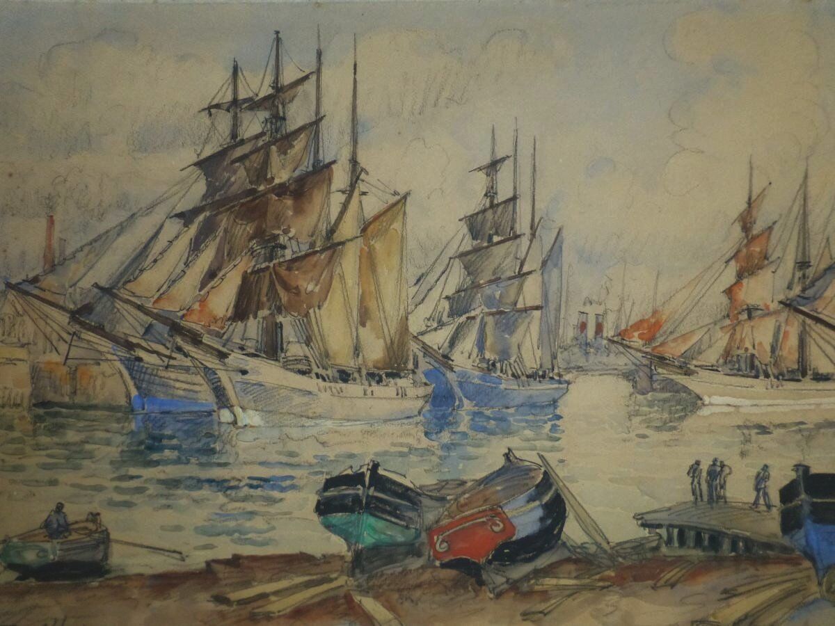 Frank Will (1900-1950) Grand Port Aux Trois Mats, Fécamp, grande aquarelle
