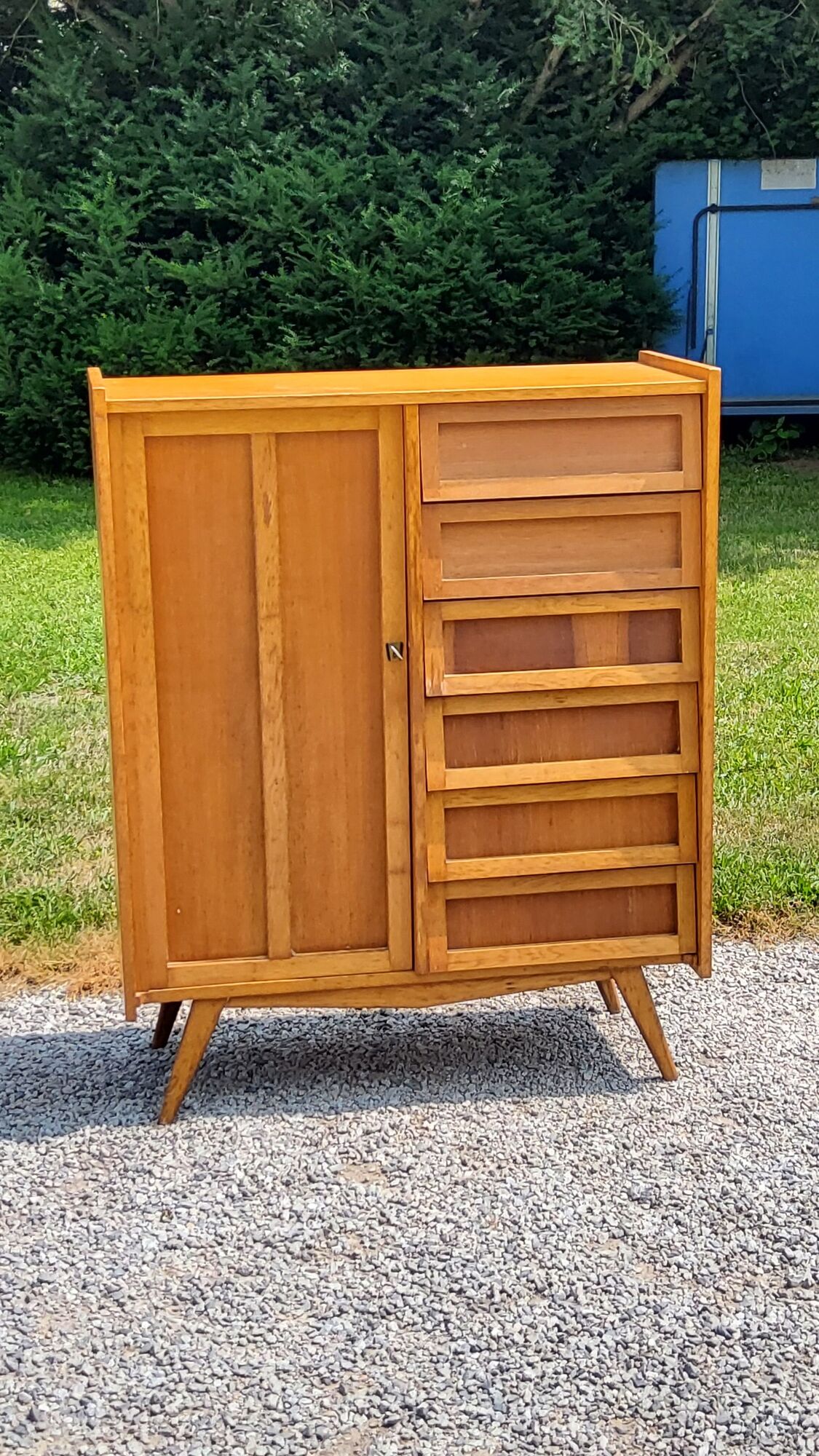 Vintage Golden Blond Oak Chest of drawers Feet Compass 6 Drawers 1 Door 50s