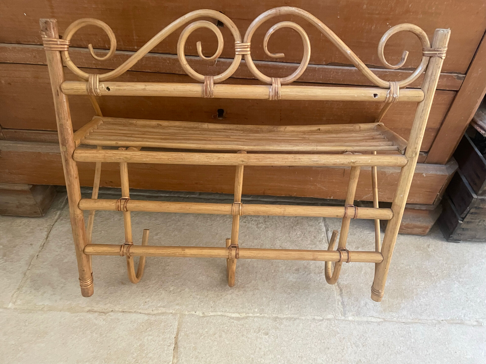Vintage bamboo and rattan wall coat rack