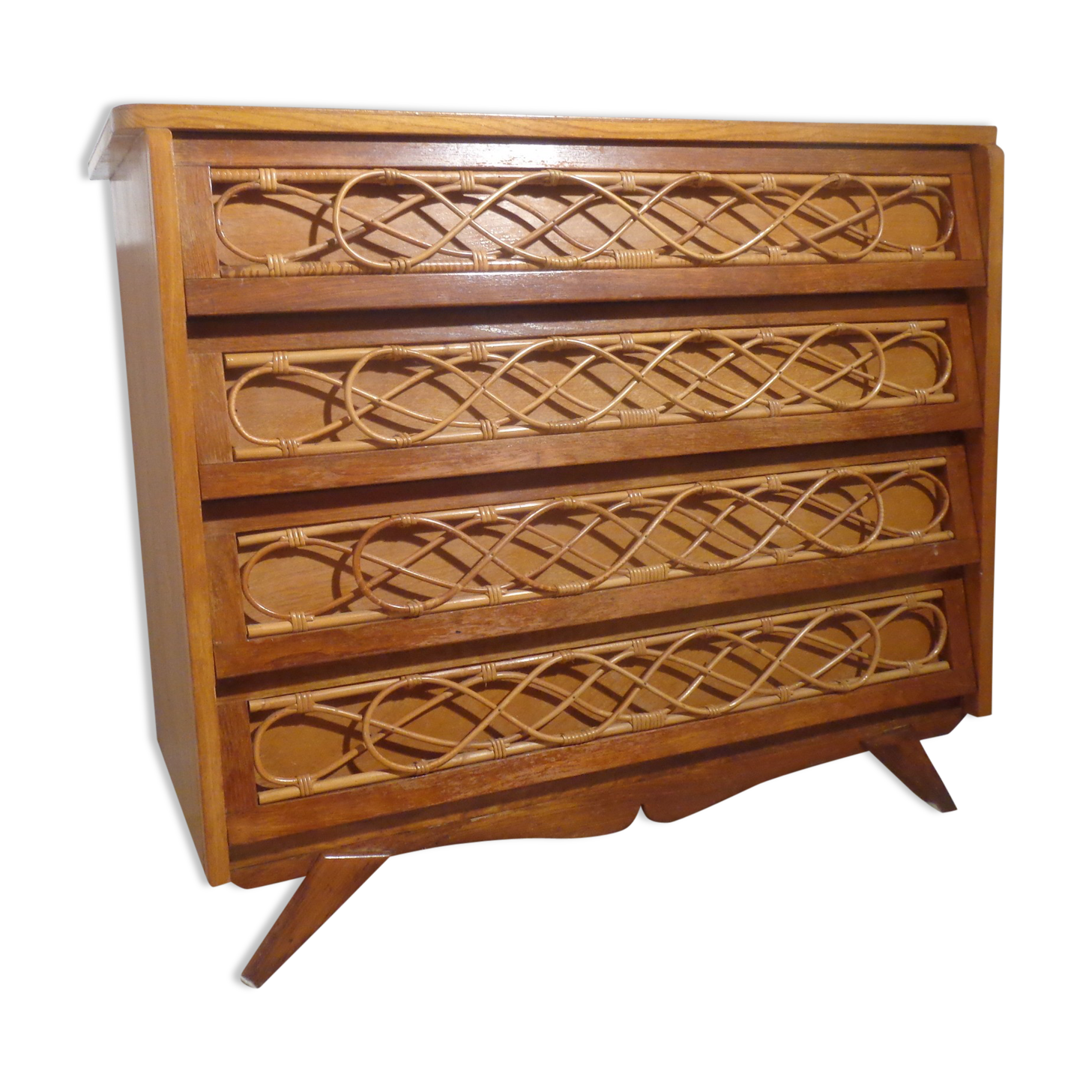 Chest of drawers wood and rattan Louis Sognot 1950 foot compass