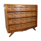 Chest of drawers wood and rattan Louis Sognot 1950 foot compass