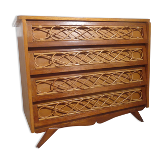 Chest of drawers wood and rattan Louis Sognot 1950 foot compass