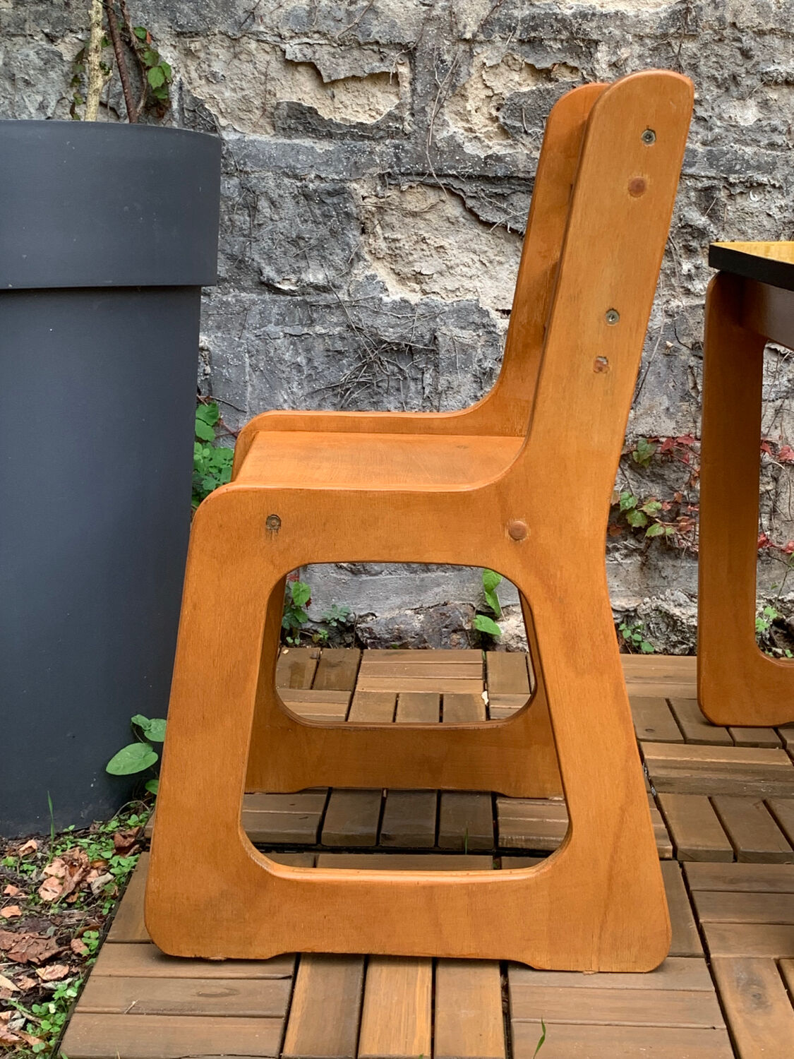 Children's wooden and formica desk and sled chairs 1970