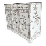 White lacquered Chinese sideboard with mother-of-pearl geisha decorations.