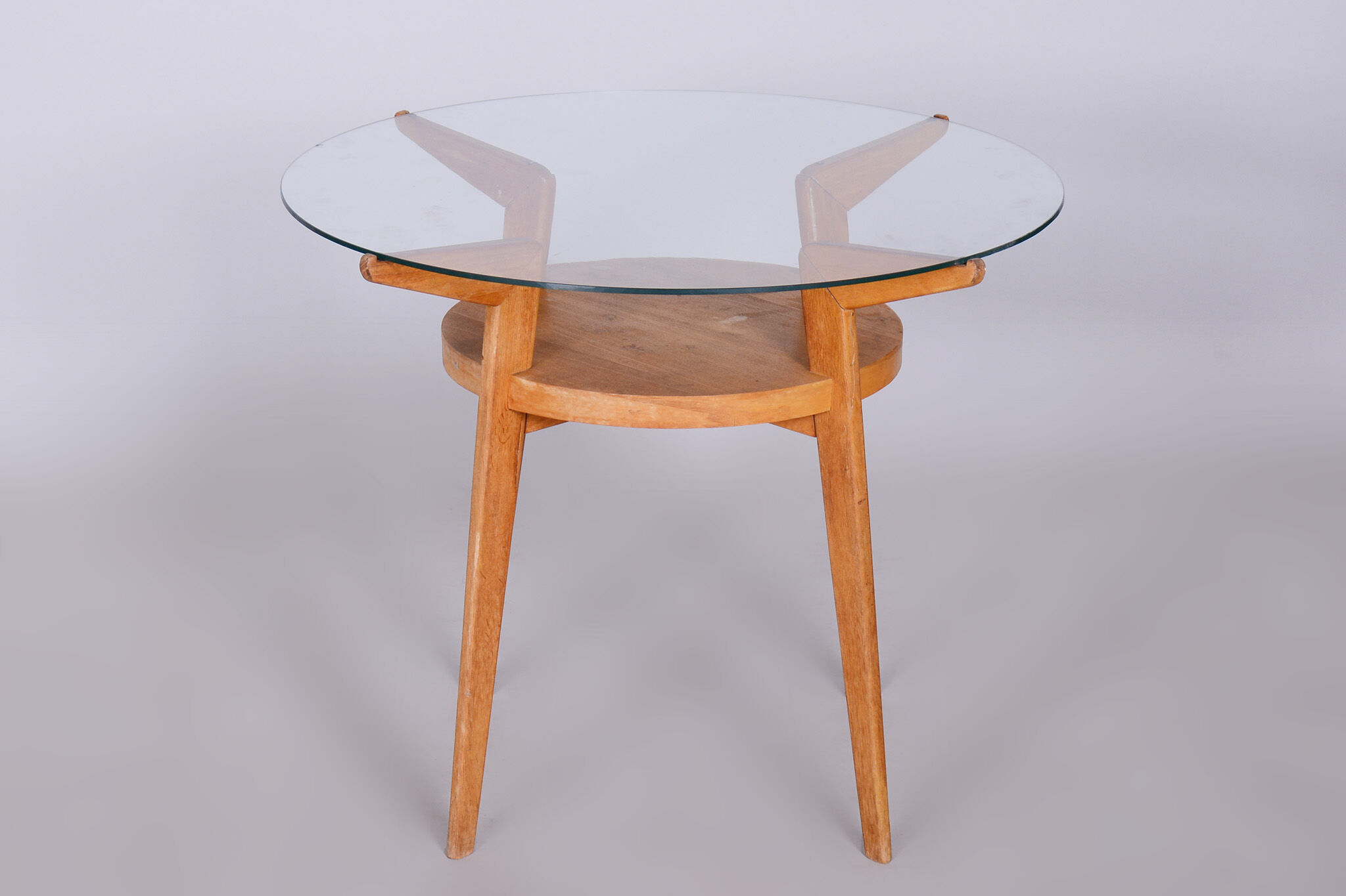 Mid-century small round table, jitona sobeslav, oak, glass, czechia, 1950s