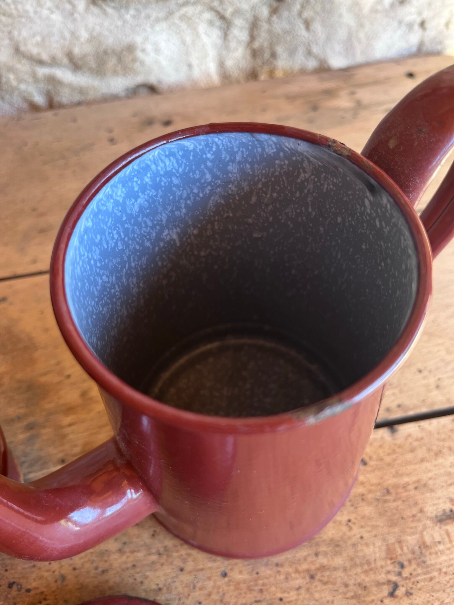 Vintage enameled coffee maker and milk jug