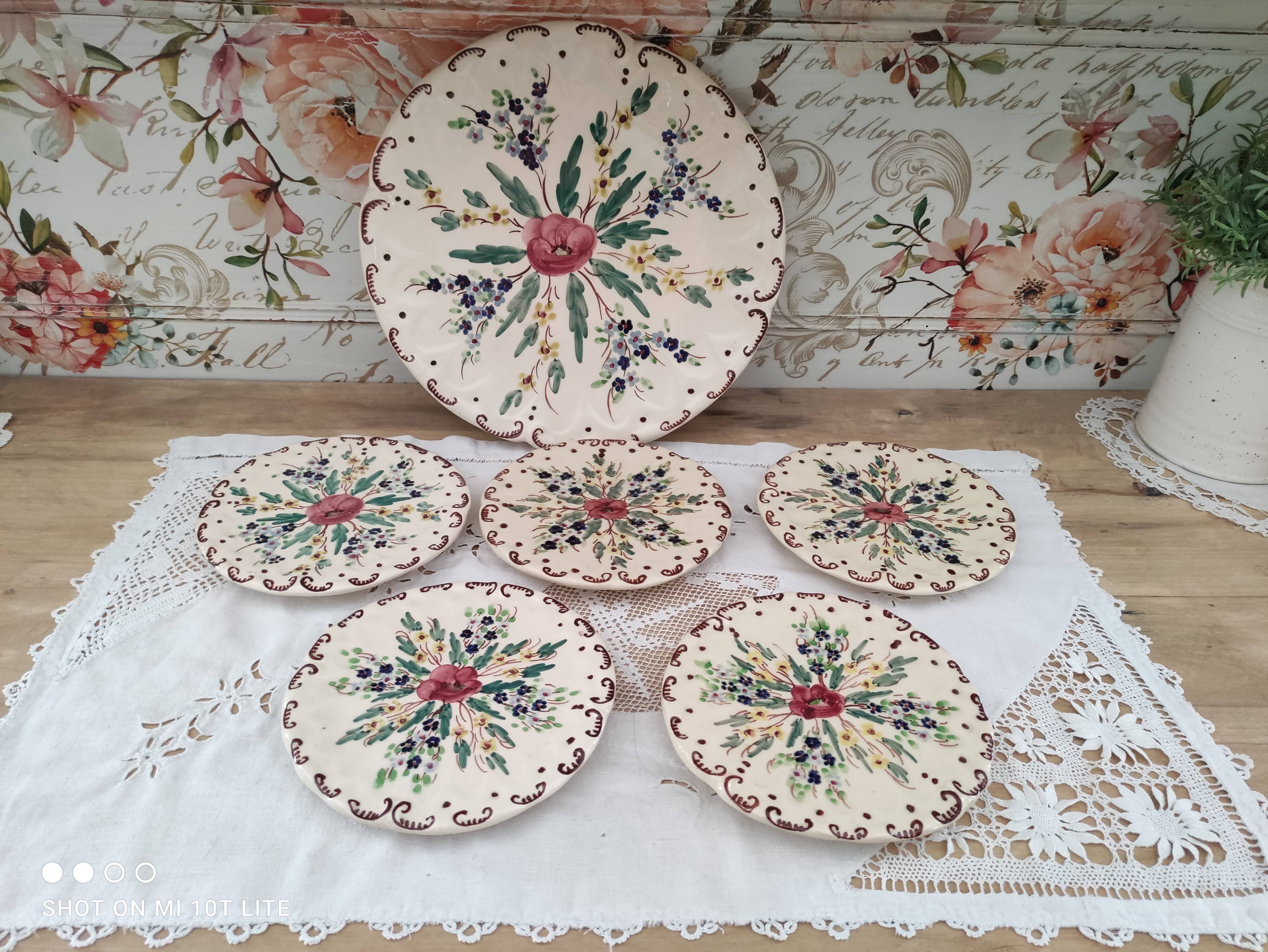 Dessert service 6 pieces 5 people ceramic signed Berger Antibes