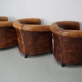 Vintage Dutch Cognac Leather Club Chairs, Set of Three