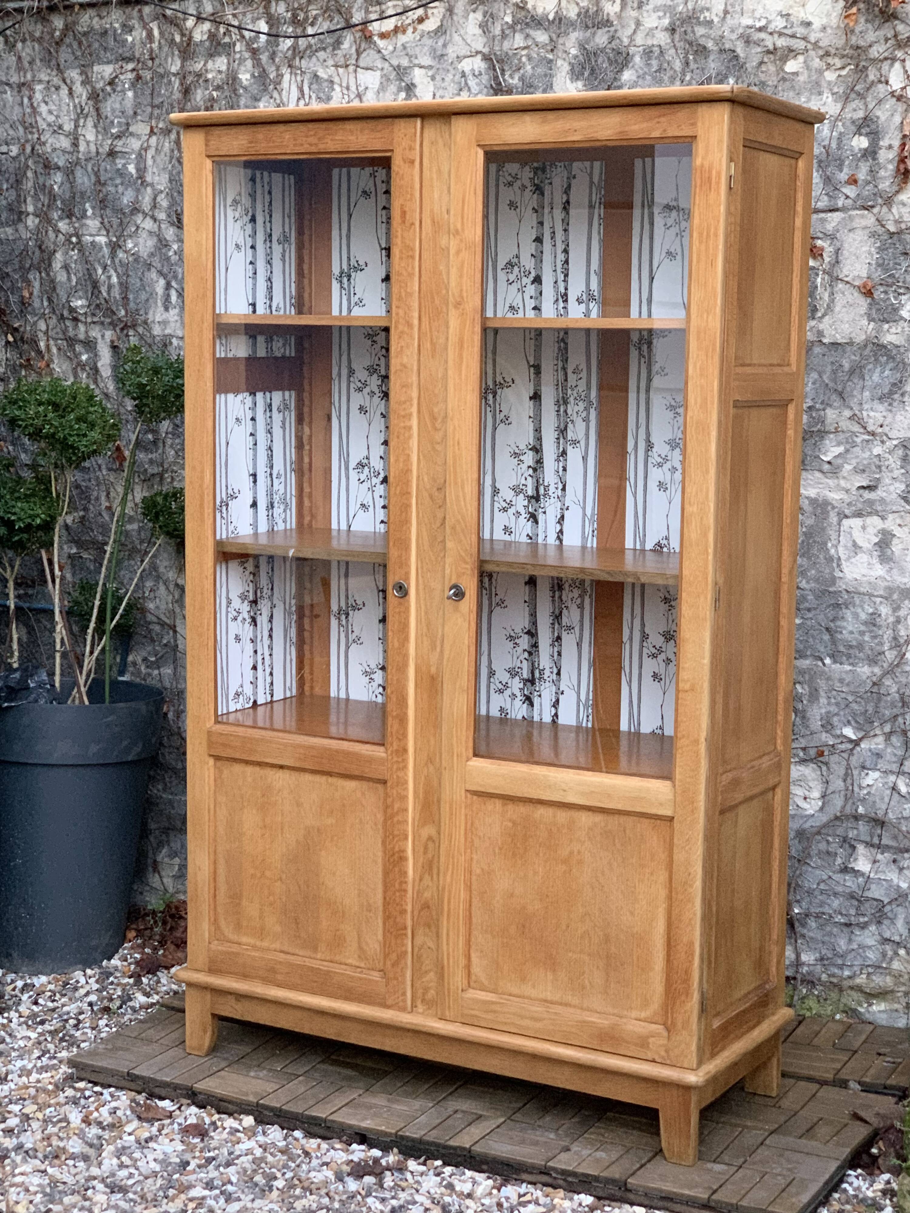 Solid raw oak school glass cabinet 1950