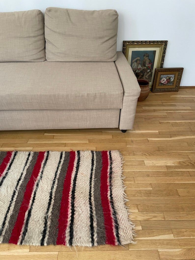Set of two Romanian wool fluffy rugs with stripes made by hand