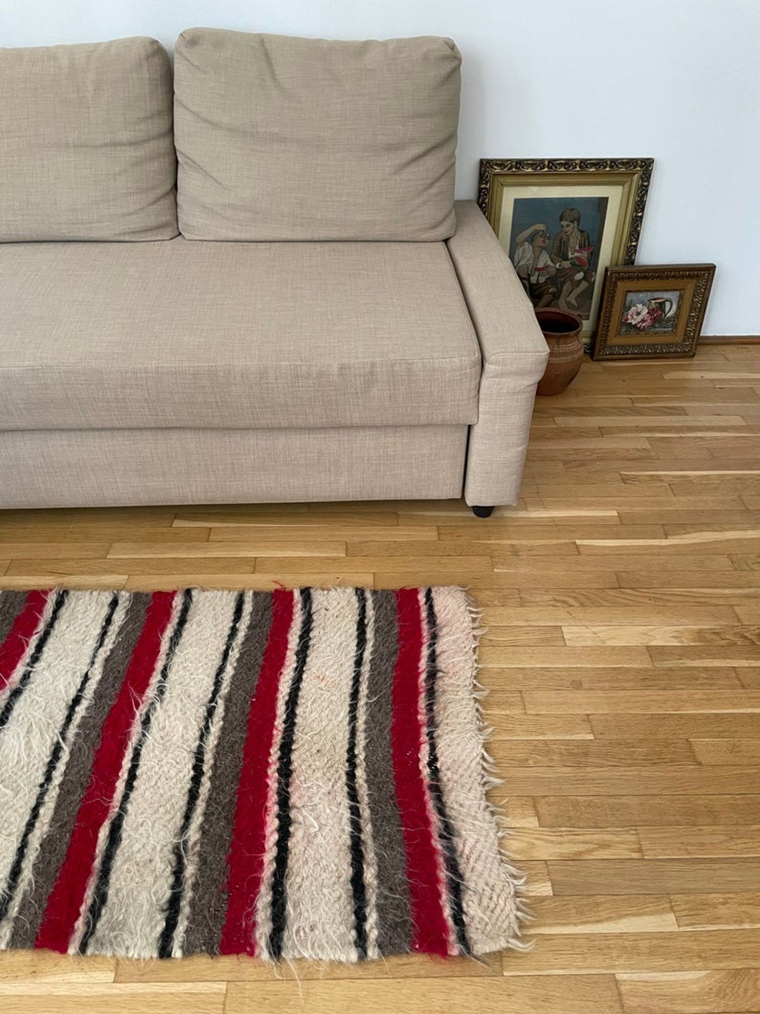 Set of two Romanian wool fluffy rugs with stripes made by hand