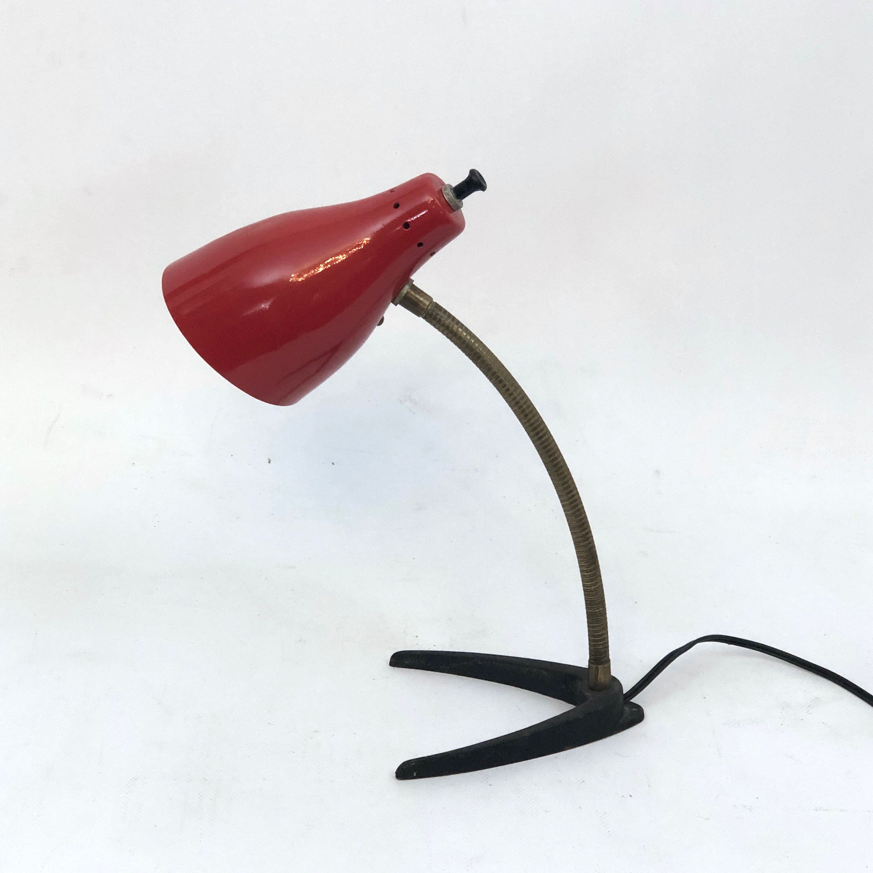 Vintage Italian brass and red lacquer flexible table lamp from 50s