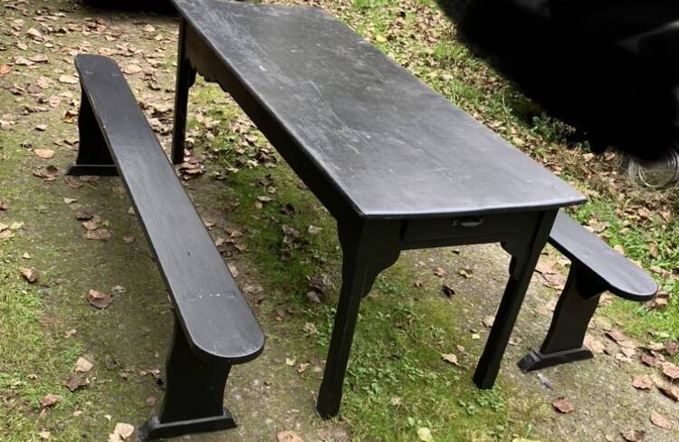 Old painted farmhouse table and 2 shabby chic benches