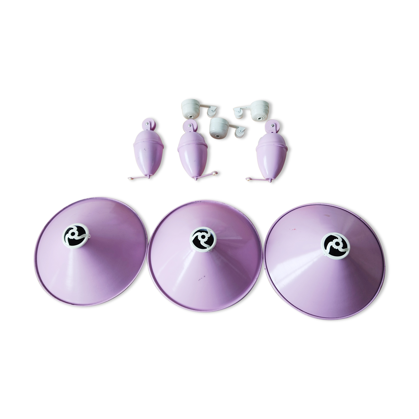 Set of 3 Purple enamelled lampshades and balance system