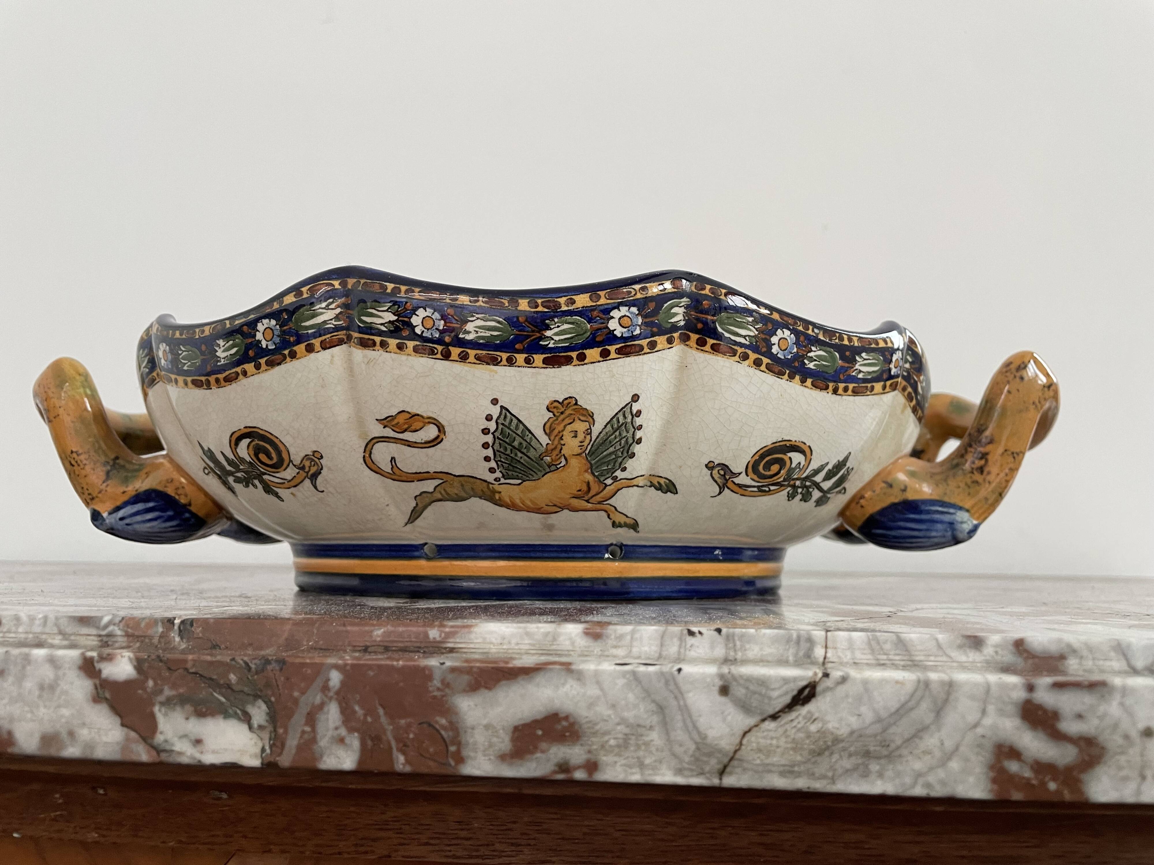 Antique, flat, bowler cup, centerpiece, Gien earthenware, nineteenth century, Renaissance décor