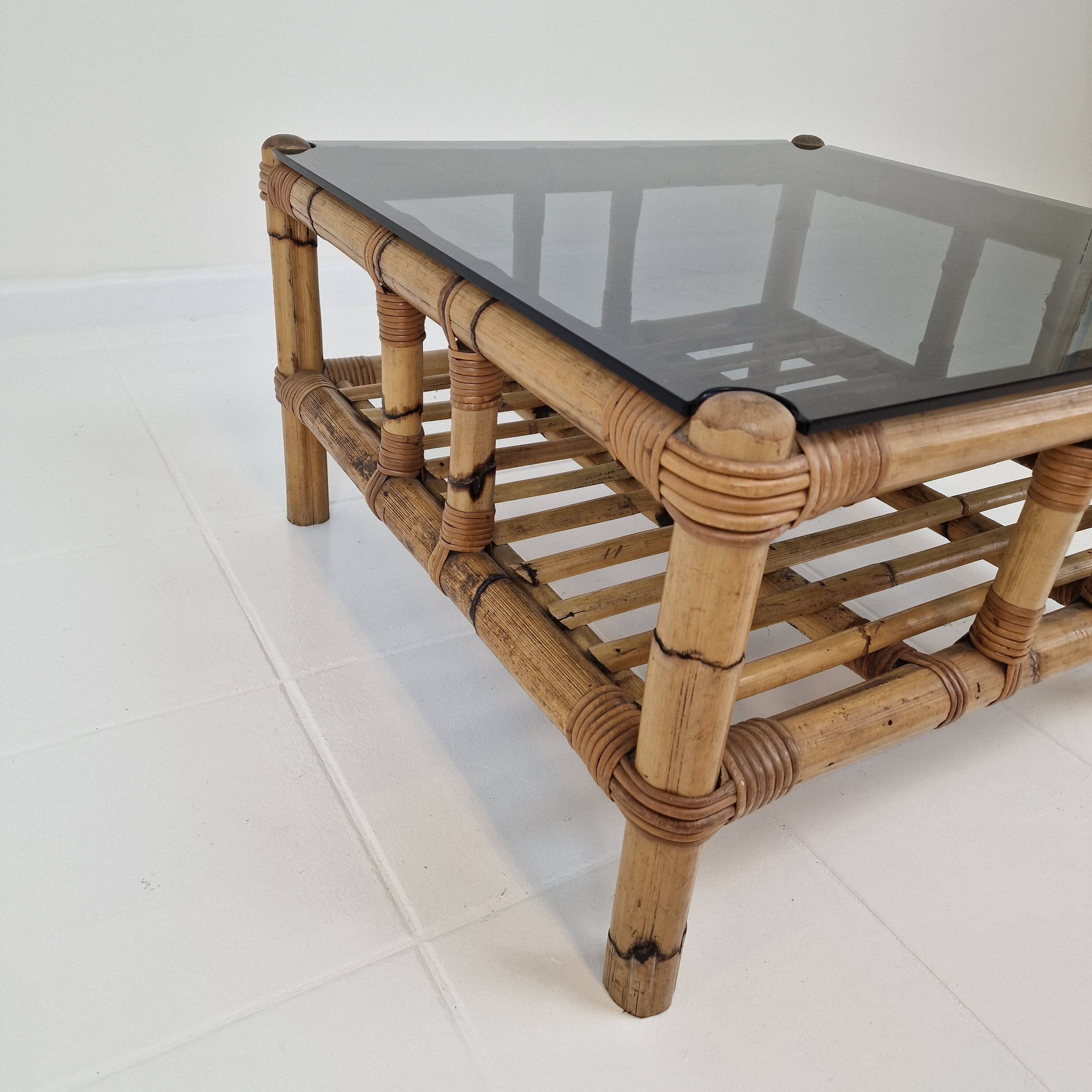 Italian bamboo coffee table with smoked glass, 1970s