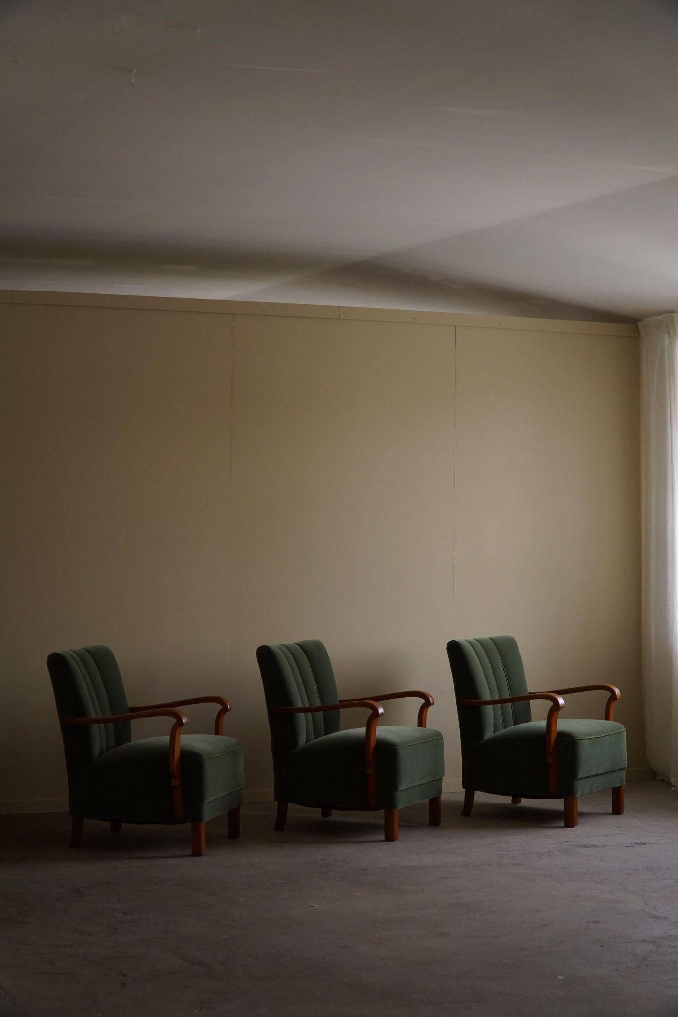 Danish Art Deco, set of 3 oak armchairs, reupholstered in green mohair, 1930s.