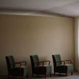 Danish Art Deco, set of 3 oak armchairs, reupholstered in green mohair, 1930s.