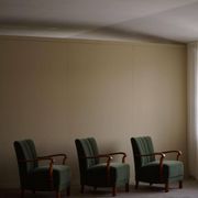 Danish Art Deco, set of 3 oak armchairs, reupholstered in green mohair, 1930s.