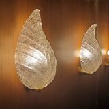 Murano, leaf sconces in worked transparent glass, 1940s