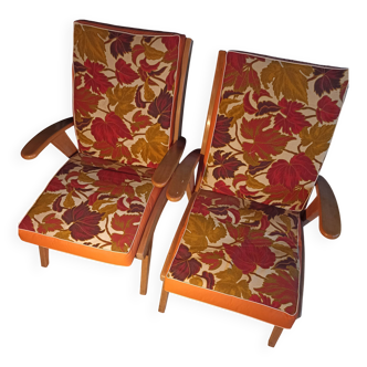 Pair of vintage Scandinavian armchairs in light wood with leaf print fabric