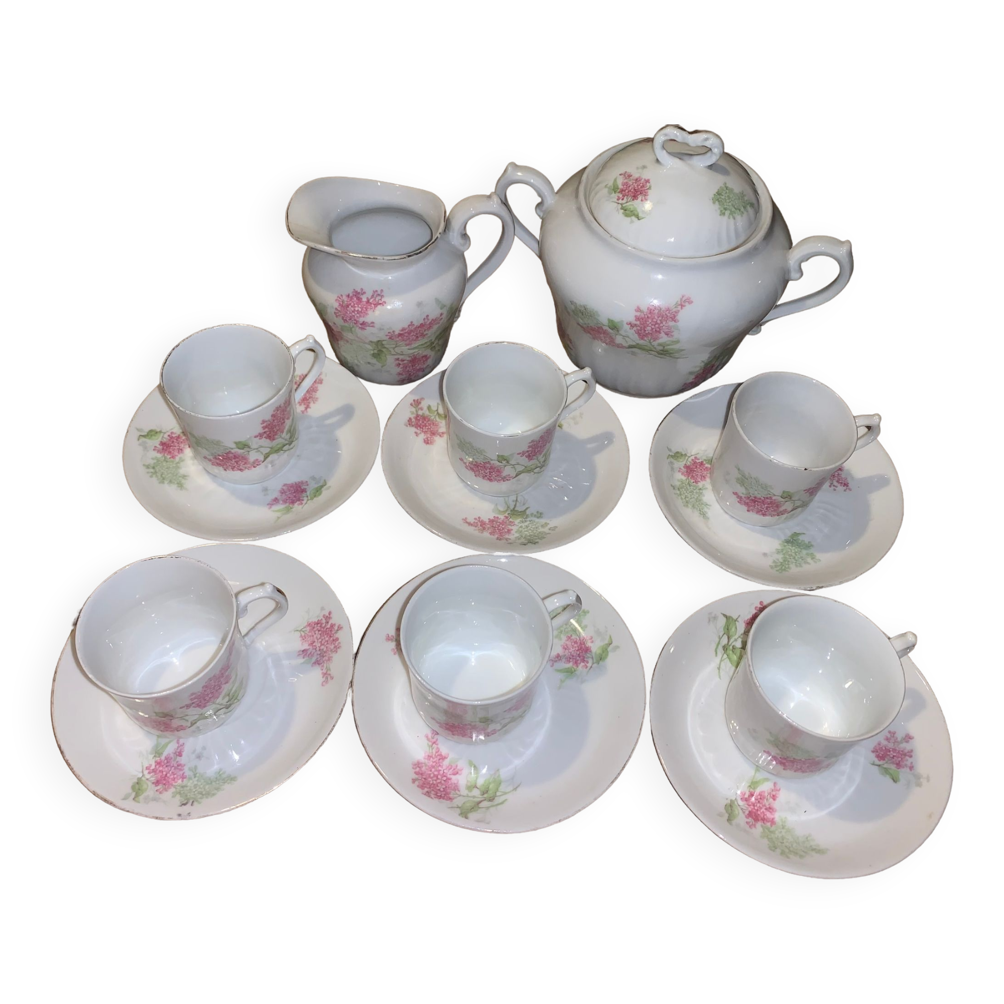 Coffee set six cups Limoges porcelain floral decoration