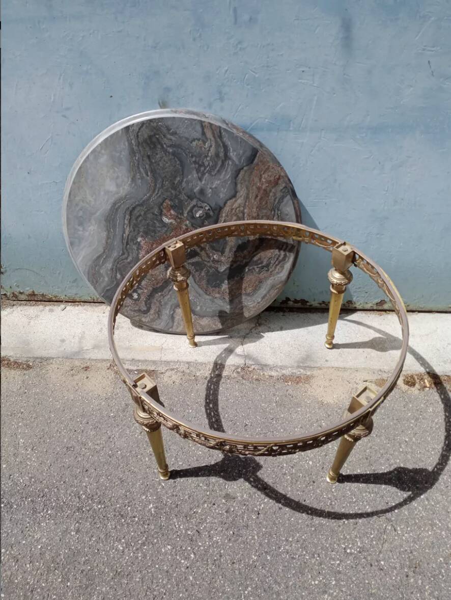 Louis XVI style round coffee table in marble and brass