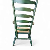 Vintage transparent green wooden arm chair / rush seat / high back ladder chair